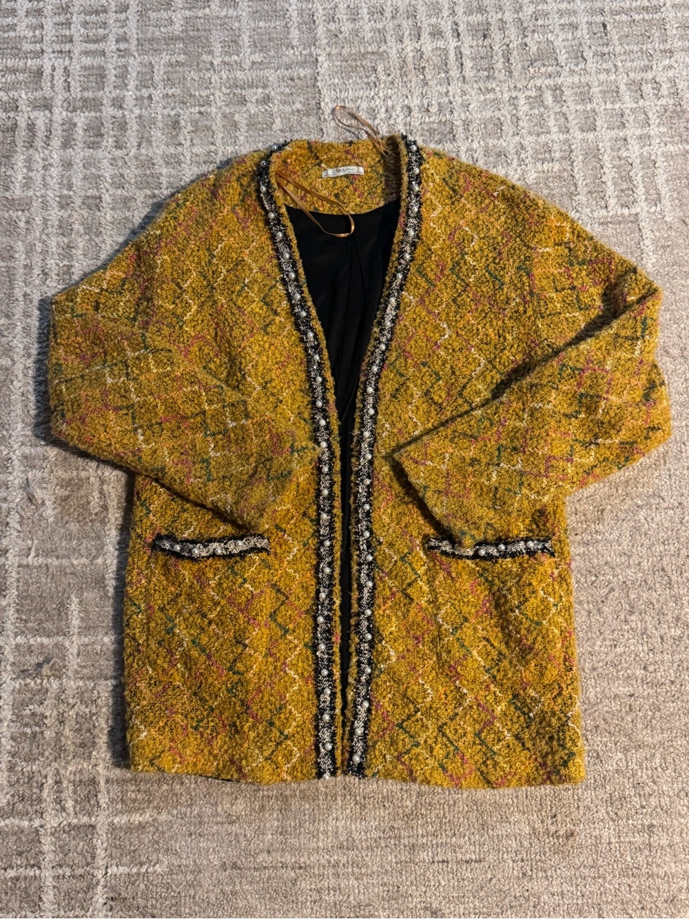 Zara Mustard Yellow Bouclé Jacket with Black & Pearl Trim size L